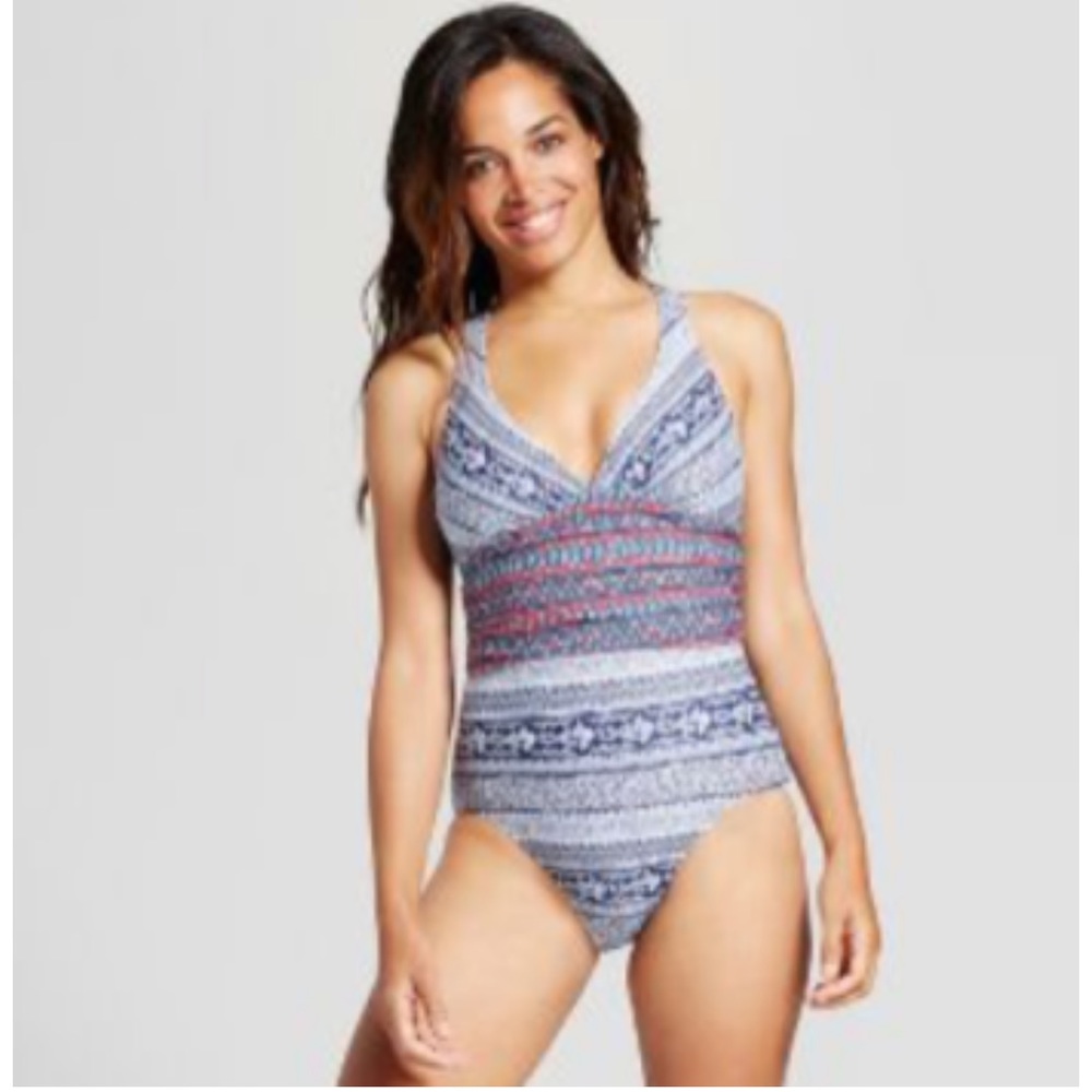NEW One Piece Boho Swimsuit Size M Navy & White V-neck Crossback Merona Feminine